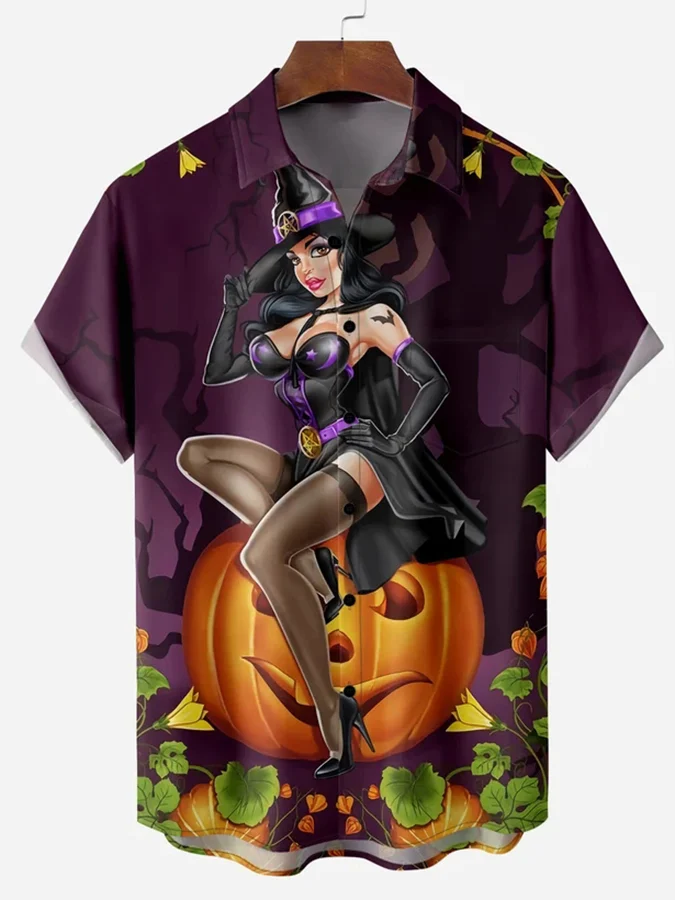 Fashion Halloween Witch Pumpkin Print Short Sleeve Shirt