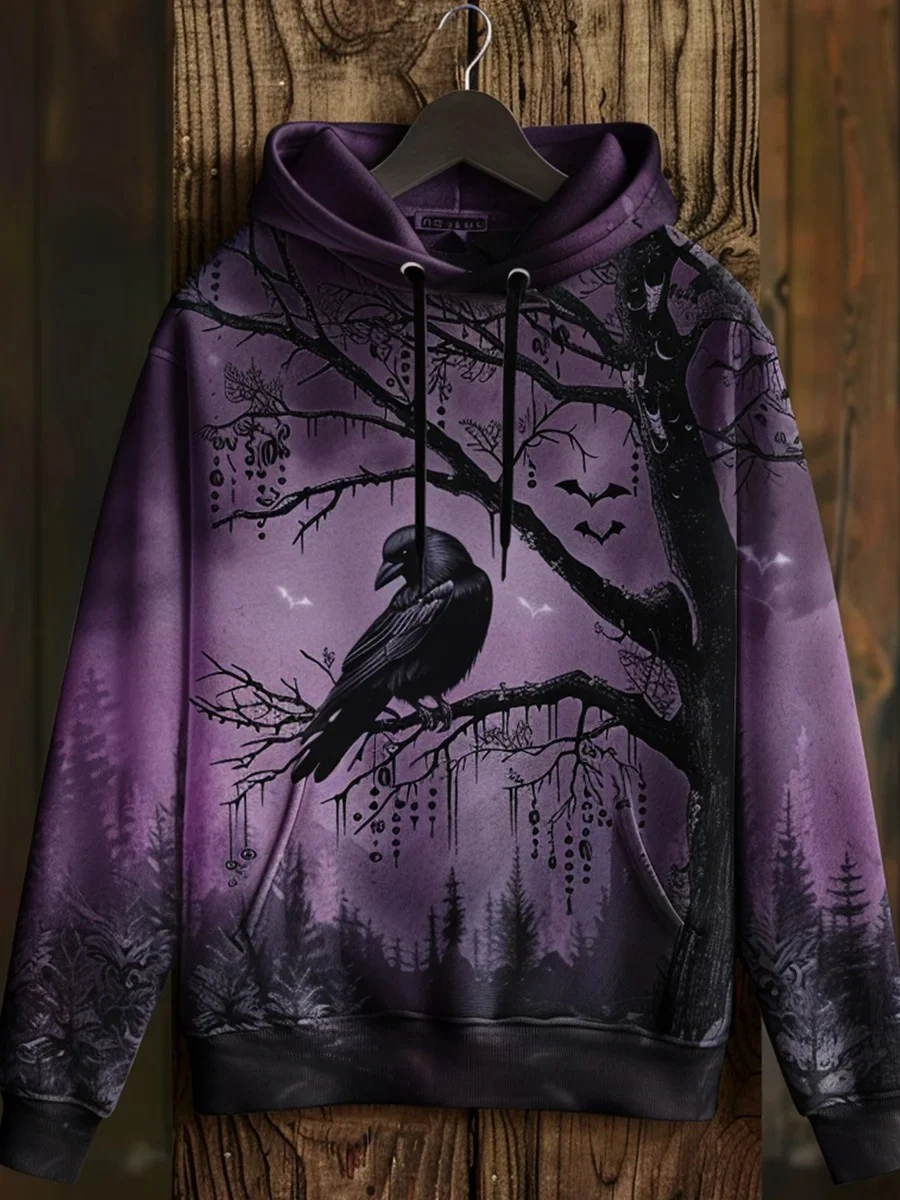 Men's Gothic Raven Art Printed Hoodie