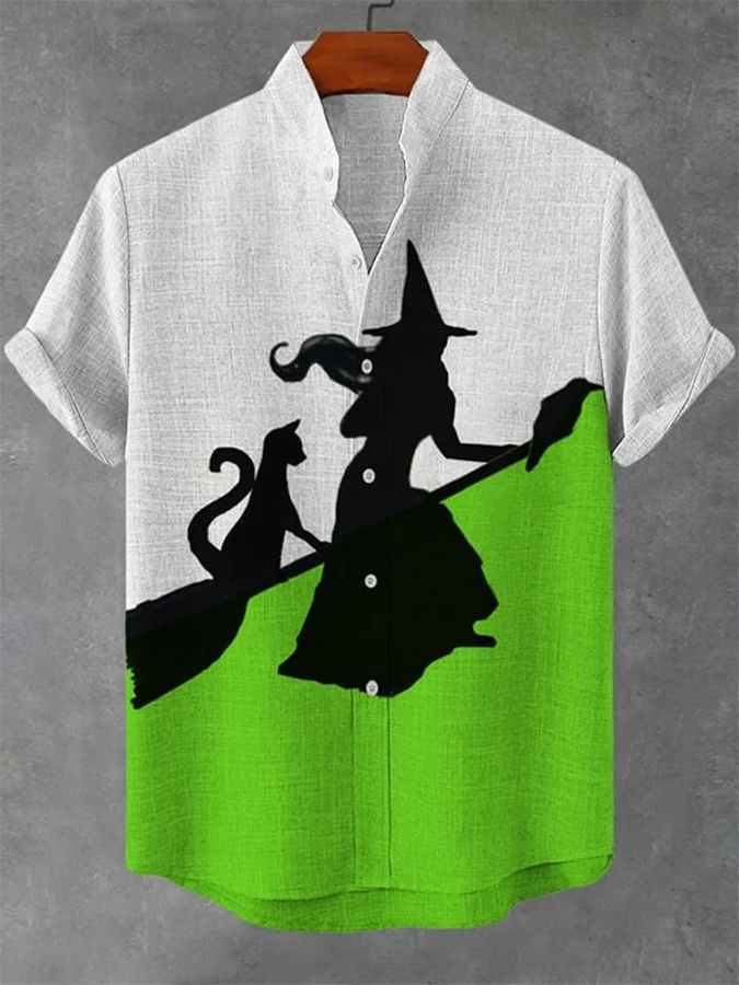 Men's Halloween Witch Print Casual Stand Collar Shirt