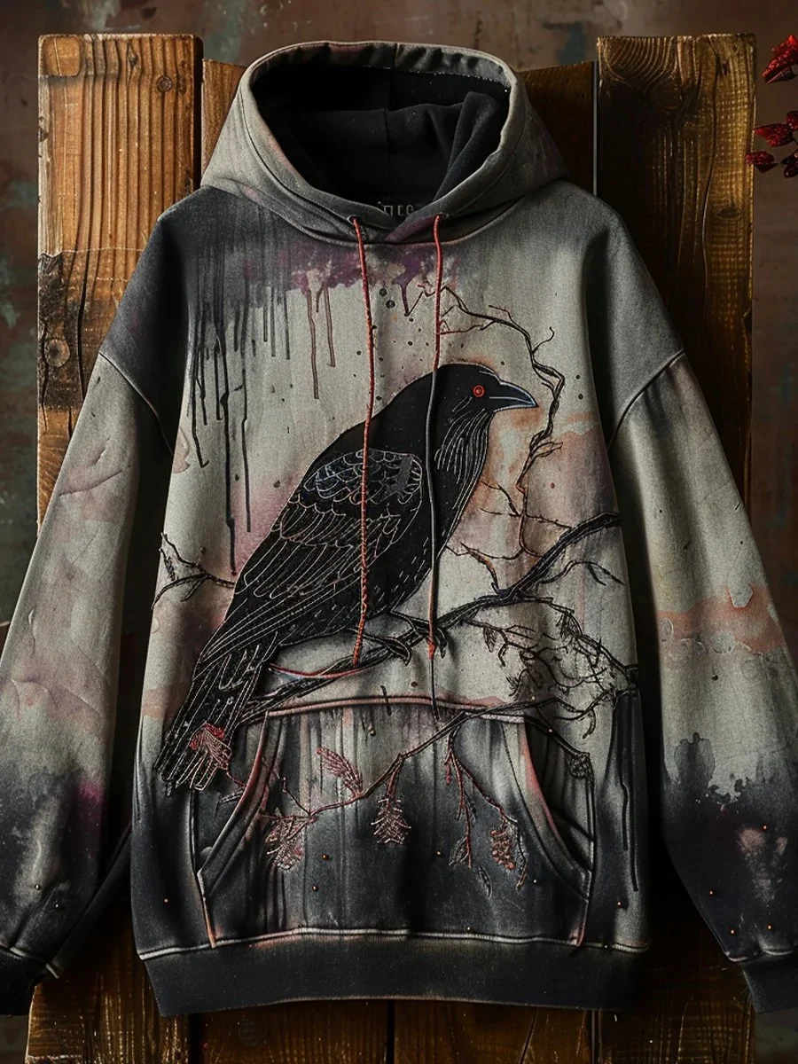 Men's Gothic Dark Crow Halloween Printed Hoodie