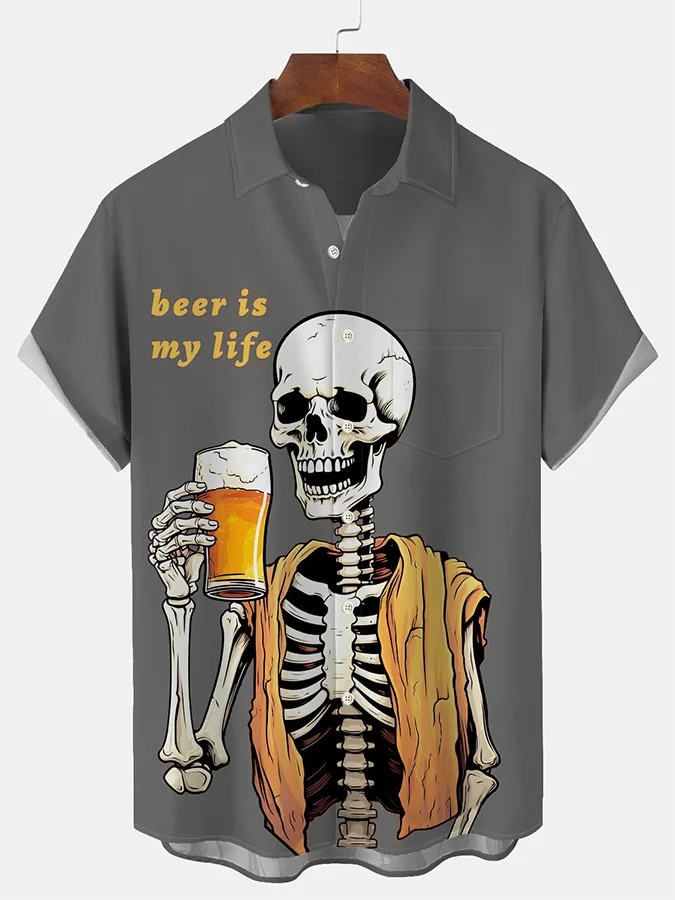 Men's Beer Is My Life Skull Print Shirt With Pockets
