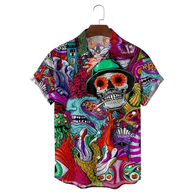 ROGOMAN MEN'S SKULL PRINT CASUAL SHORT SLEEVE SHIRT