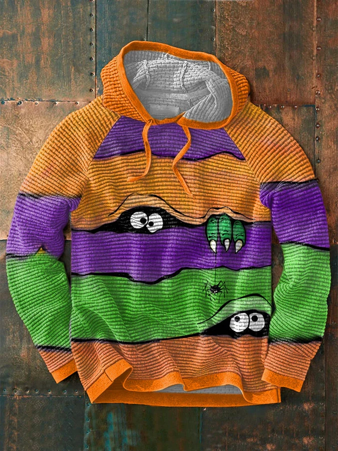 Men's Halloween Color Block Waffle Halloween Peek Monster Print Sweatshirt