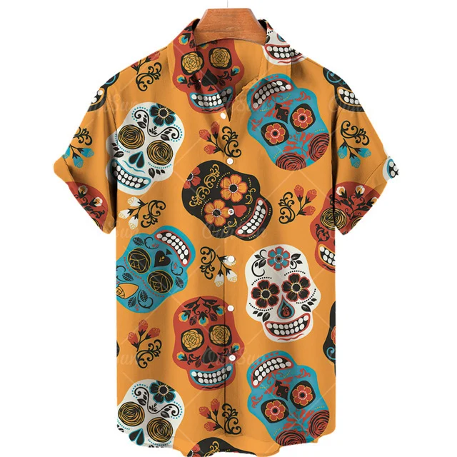 SKULL PRINT CASUAL SHORT SLEEVE SHIRT
