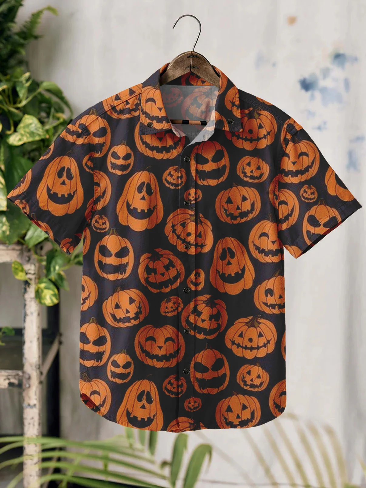 Western Vintage Halloween Pumpkin 100% Cotton Short Sleeve Shirt