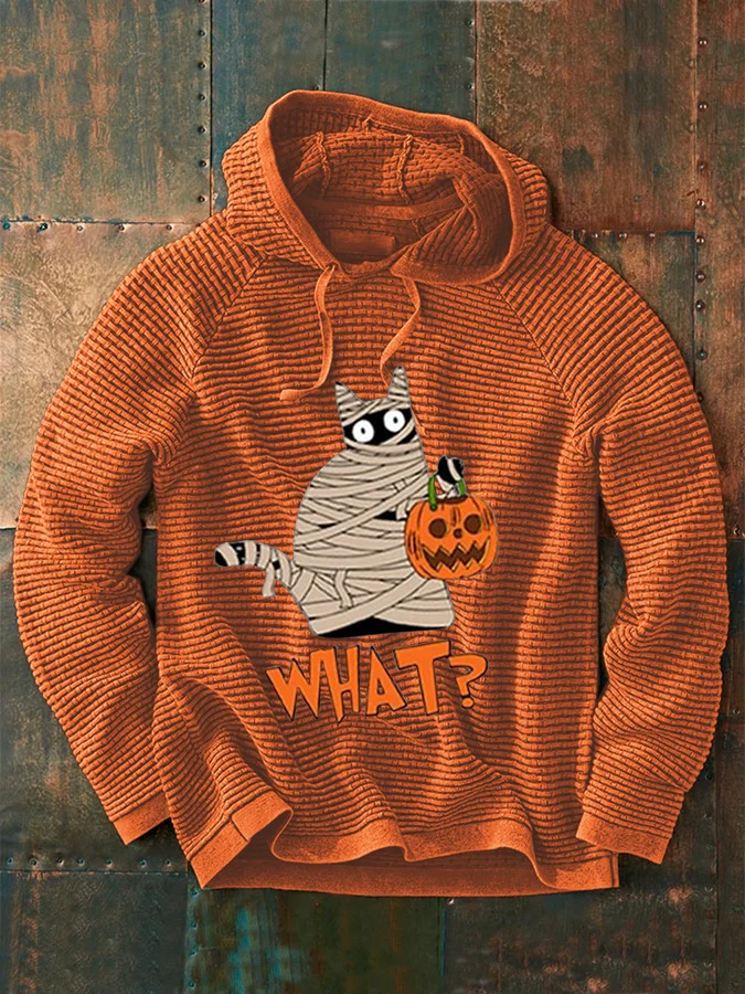 Men's Halloween What Cat Print Casual Hooded Sweatshirt