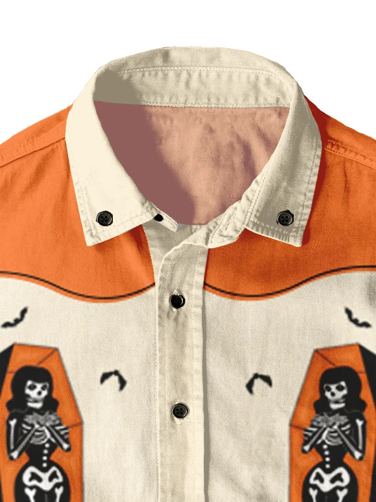 Western Retro Halloween Skull Pumpkin 100% Cotton Short Sleeve Shirt
