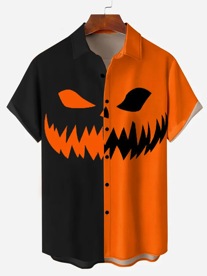 Fashion Halloween Pumpkin Demon Contrasting Color Short Sleeve Shirt