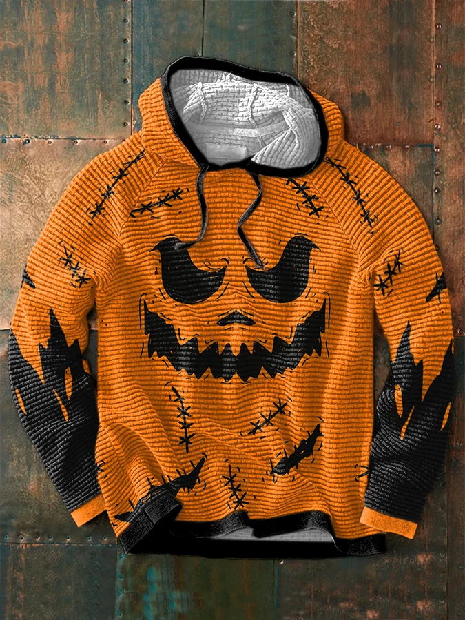 Men's Halloween Pumkin Face Print Casual Hooded Sweatshirt
