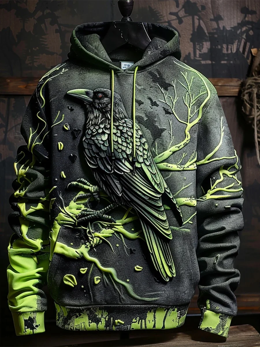Men's Gothic Dark Crow Halloween Printed Hoodie