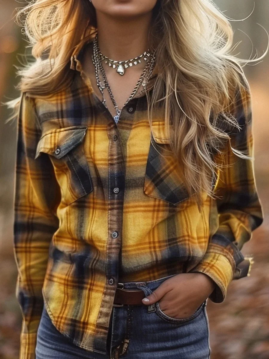 Women's Fall Harvest Plaid Buttoned Printed Casual Shirt