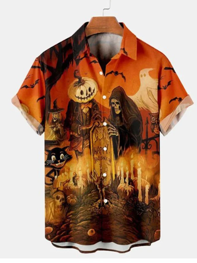 Casual Halloween Print Men'S Short-Sleeved Loose Shirt
