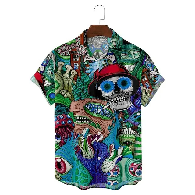 ROGOMAN MEN'S SKULL PRINT CASUAL SHORT SLEEVE SHIRT