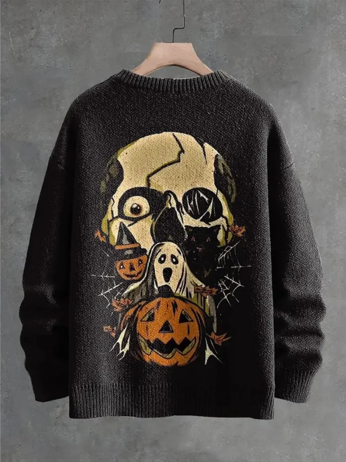 Broken Skull Ghost And Pumpkin Decorative Pattern Knit Pullover Sweater