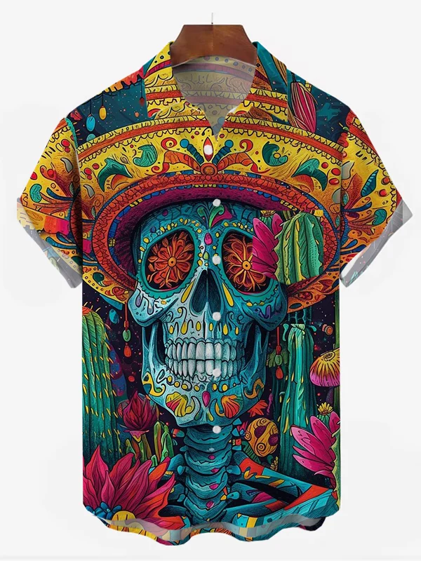 Men's Painted Skull Print Holiday Shirt