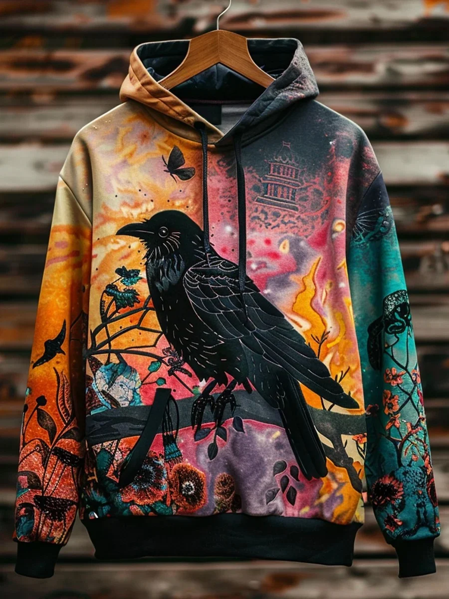 Men's Gothic Dark Crow Halloween Printed Hoodie