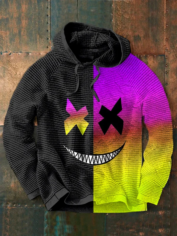 Men Waffle Two Tone Print Long Sleeve Loose Sweatshirt