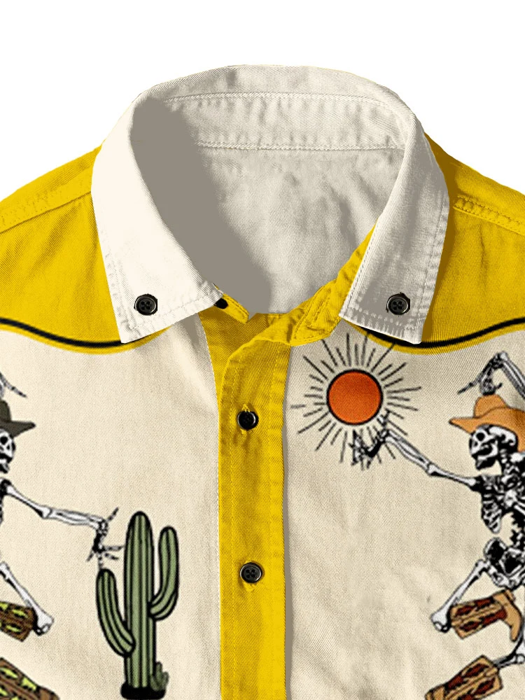 Western Retro Halloween Skull 100% Cotton Short Sleeve Shirt