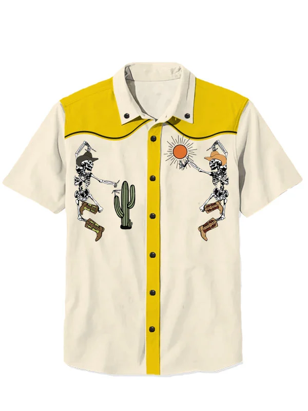 Western Retro Halloween Skull 100% Cotton Short Sleeve Shirt