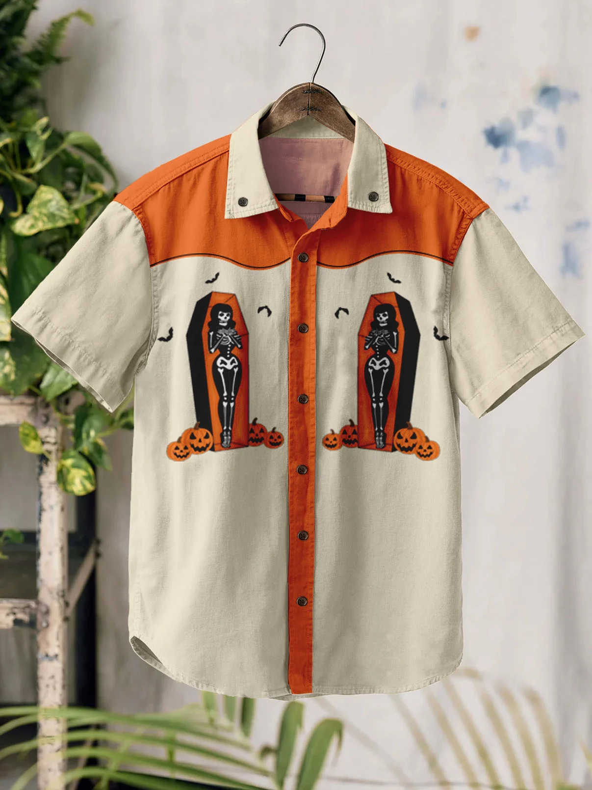 Western Retro Halloween Skull Pumpkin 100% Cotton Short Sleeve Shirt