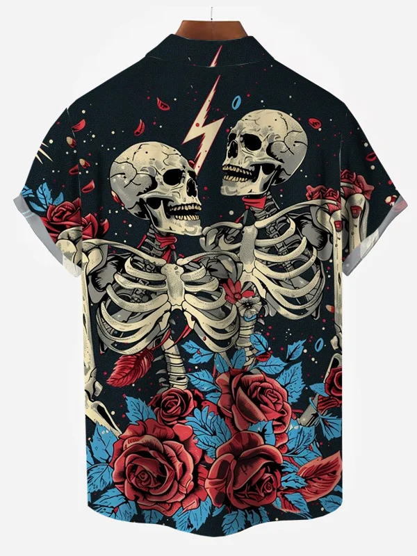 Men's Skull and Roses Print Resort Shirt