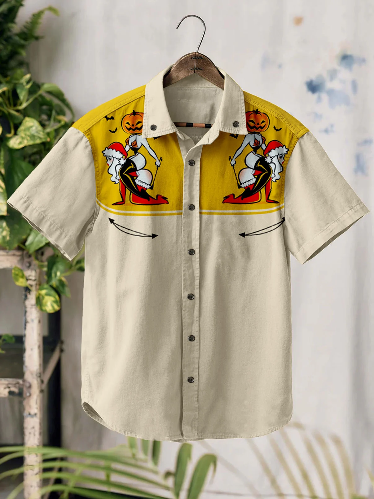 Western Retro Halloween Skeleton Witch 100% Cotton Short Sleeve Shirt