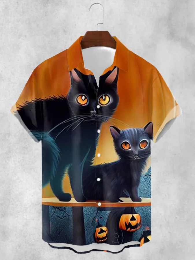 Men's Halloween Cat Print Casual Short Sleeve Shirt
