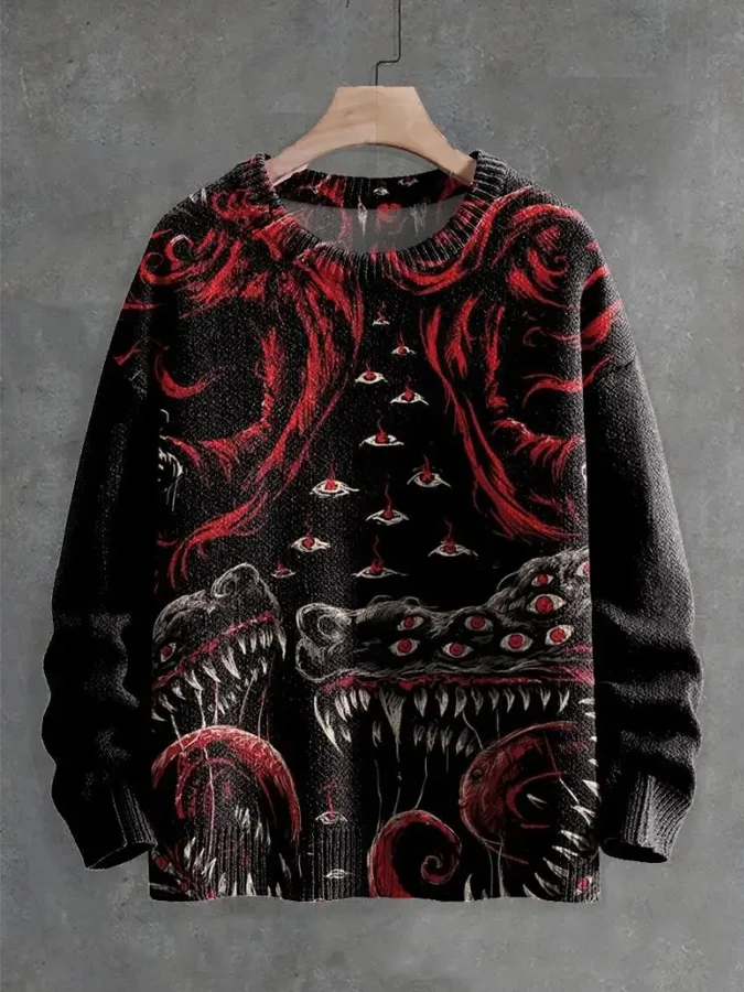 Multi-Eyed Monster Roaring Decorative Pattern Knit Pullover Sweater