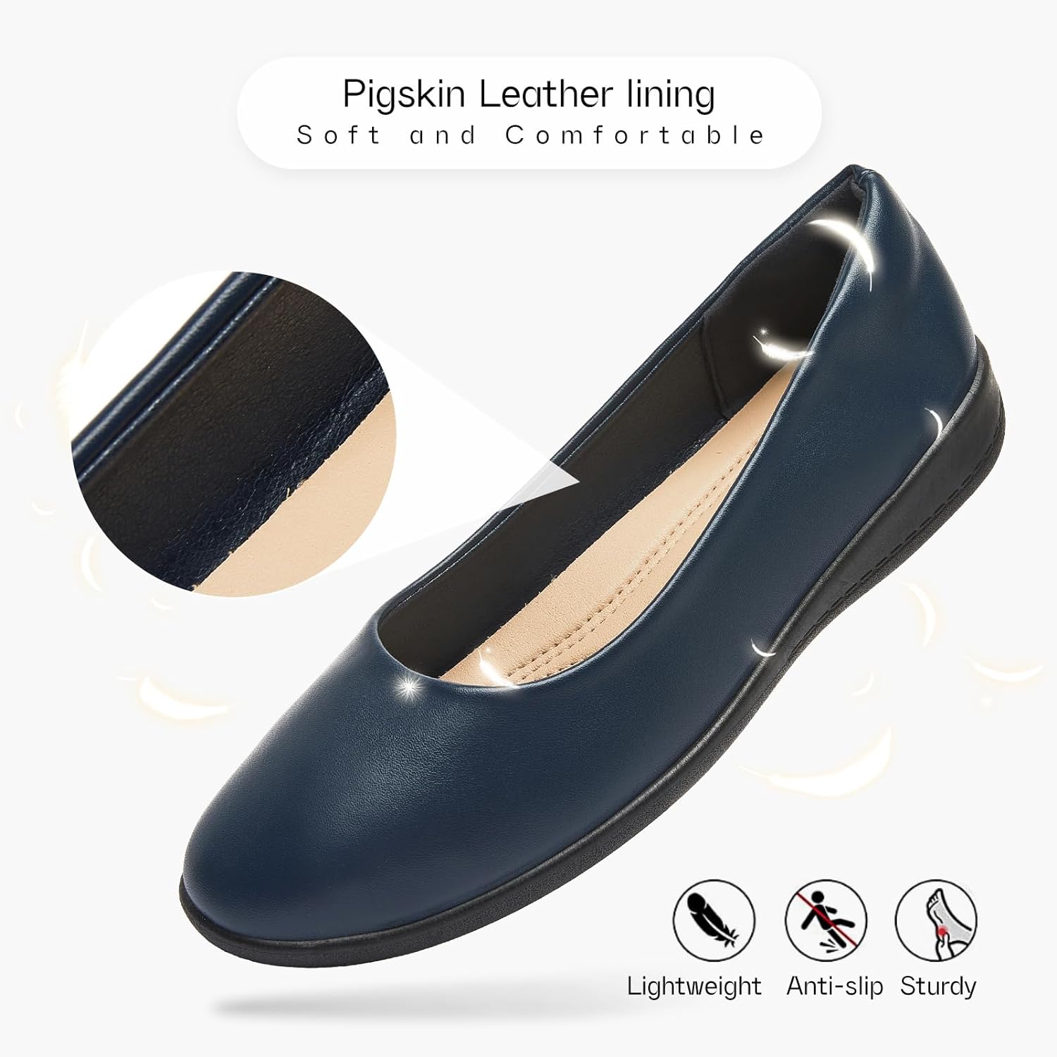 Women's Flats Comfortable Black Flats Shoes Women Round Toe Ballerina Flats Leather Dress Shoes Work Flats for Office