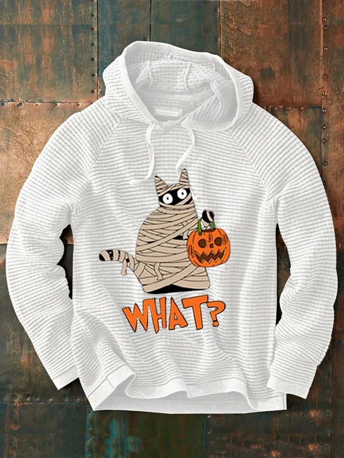 Men's Halloween What Cat Print Casual Hooded Sweatshirt