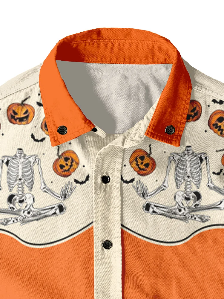 Western Retro Halloween Skull Pumpkin 100% Cotton Short Sleeve Shirt