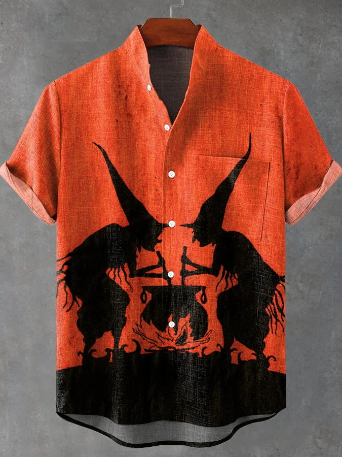 Men's Halloween Witch Print Casual Stand Collar Shirt (With Pockets)
