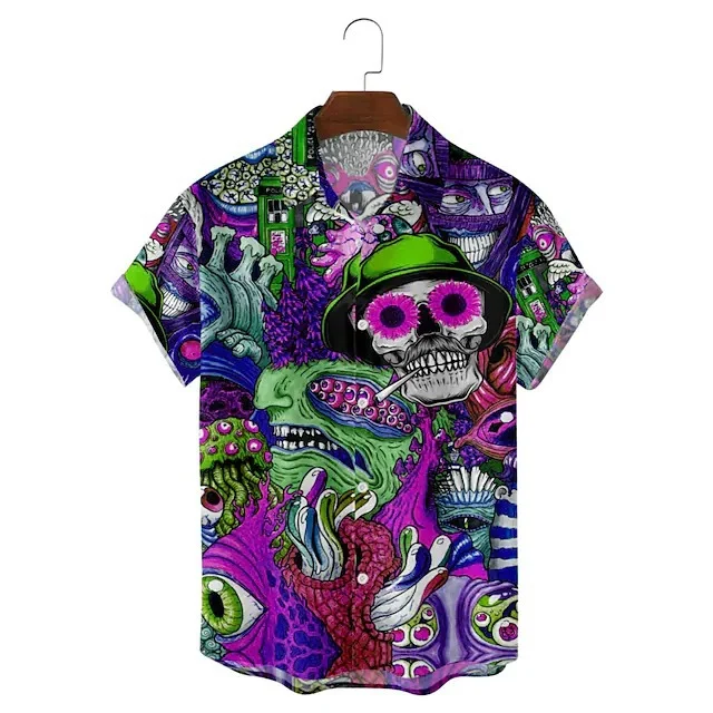 ROGOMAN MEN'S SKULL PRINT CASUAL SHORT SLEEVE SHIRT