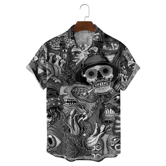 ROGOMAN MEN'S SKULL PRINT CASUAL SHORT SLEEVE SHIRT