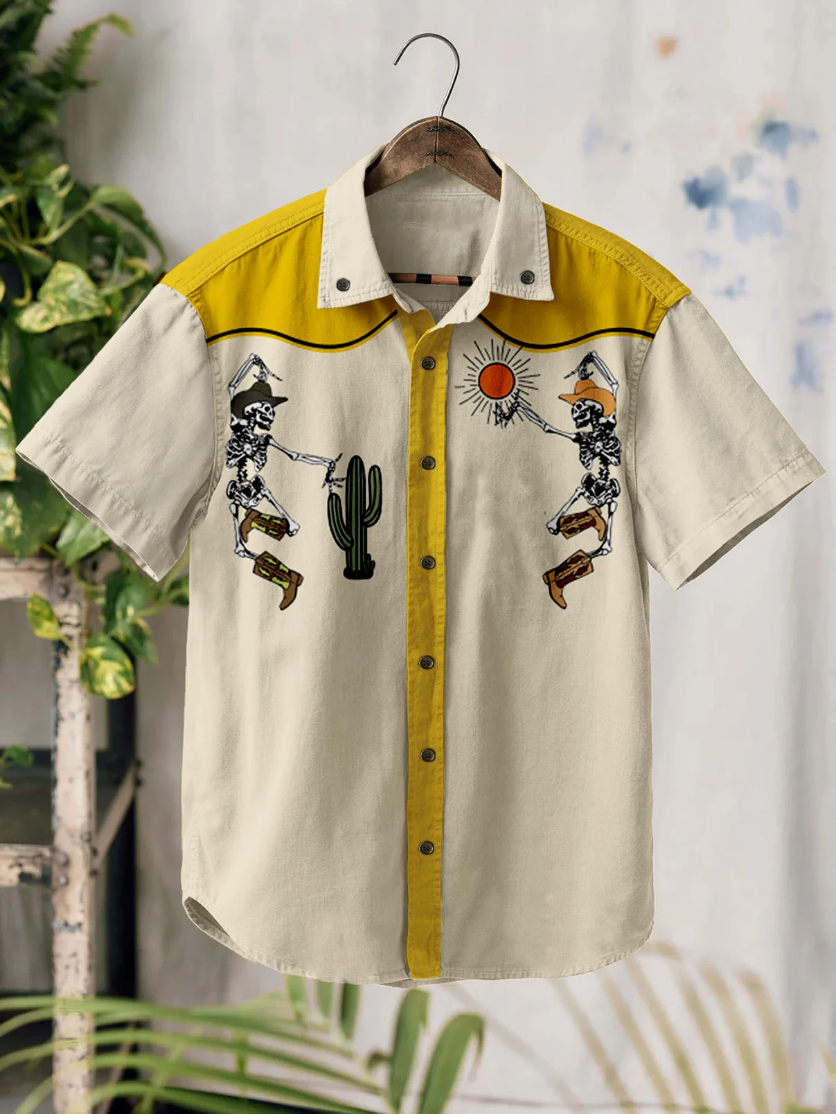 Western Retro Halloween Skull 100% Cotton Short Sleeve Shirt