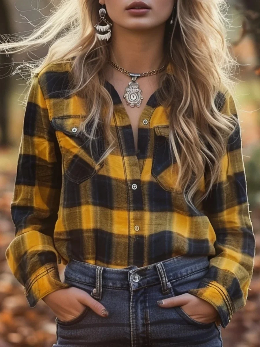 Women's Fall Harvest Plaid Buttoned Printed Casual Shirt