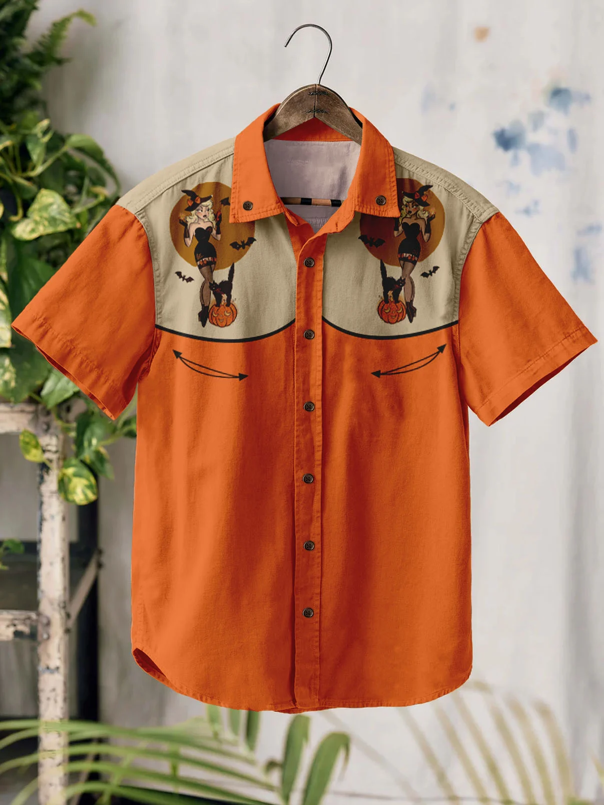 Western Retro Halloween Beauty Cat 100% Cotton Short Sleeve Shirt