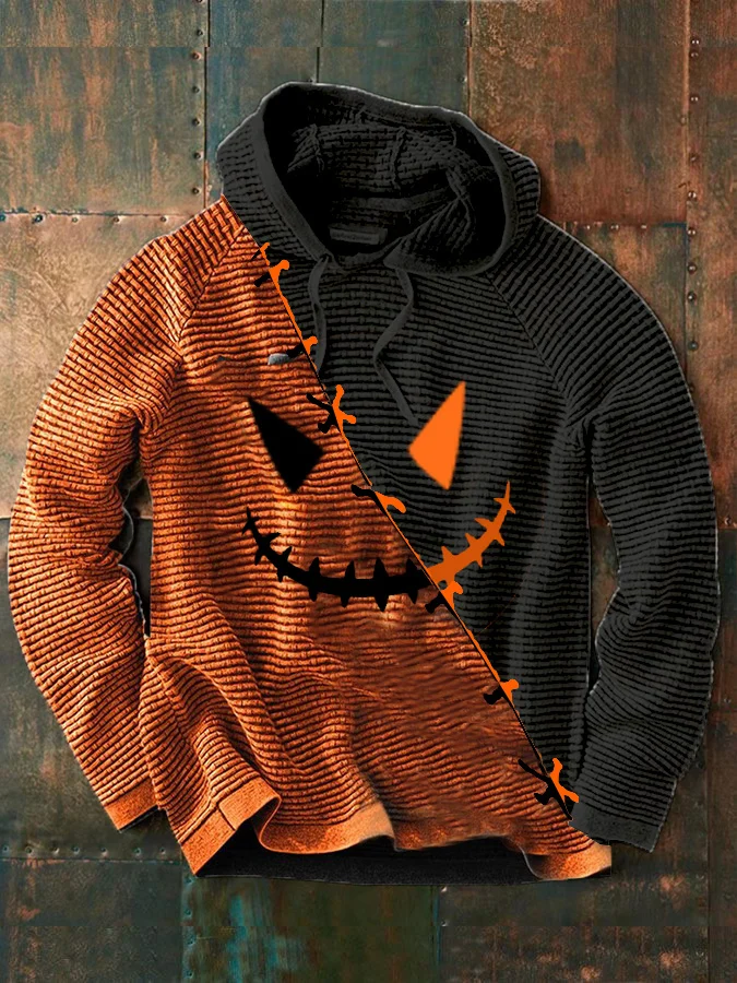 Men's Halloween Pumkin Face Print Casual Hooded Sweatshirt