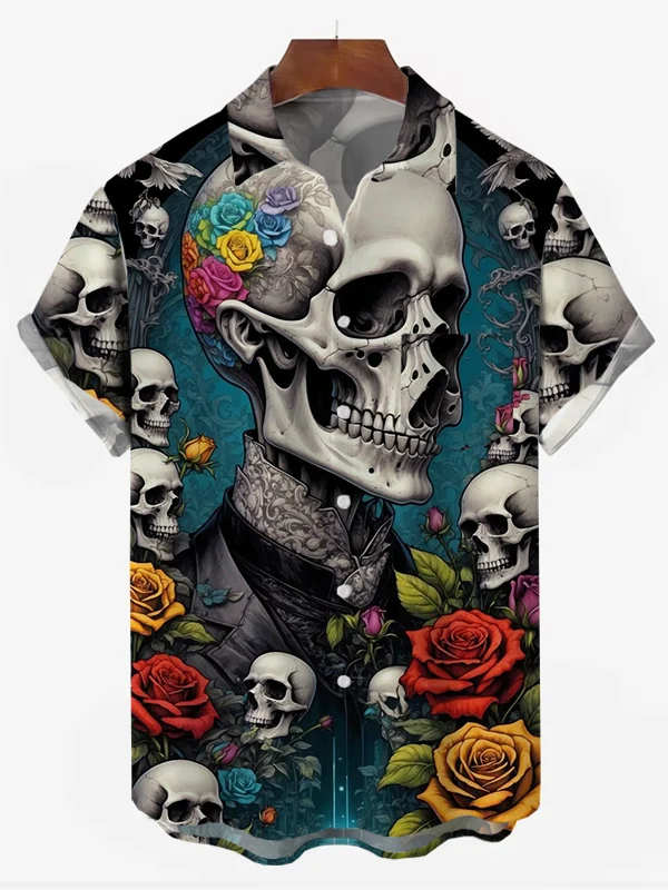 Men's Skull Rose Print Casual Shirt