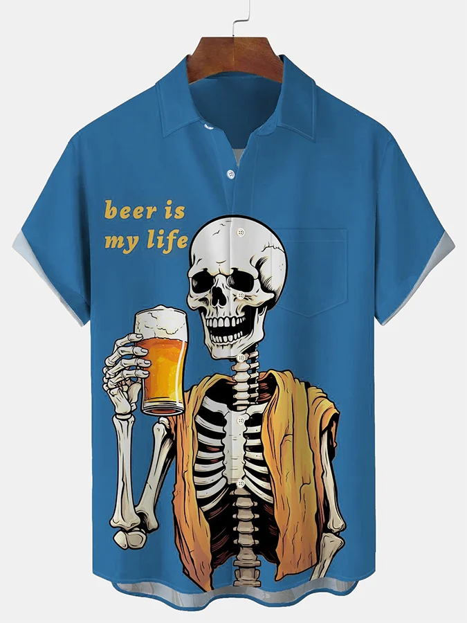 Men's Beer Is My Life Skull Print Shirt With Pockets