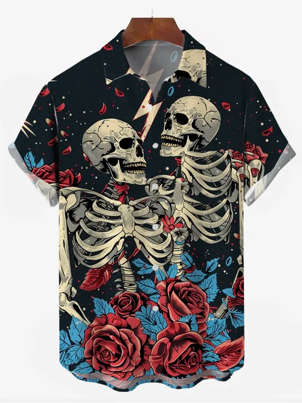 Men's Skull and Roses Print Resort Shirt