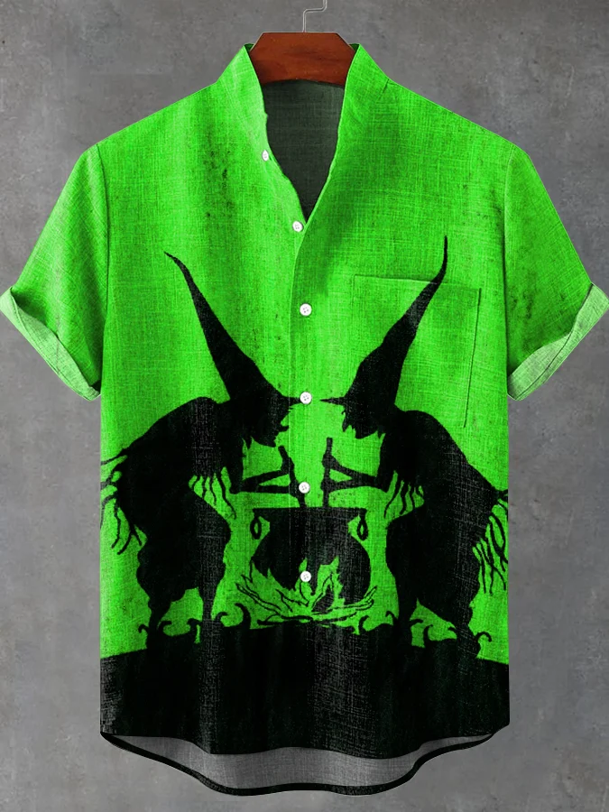 Men's Halloween Witch Print Casual Stand Collar Shirt (With Pockets)