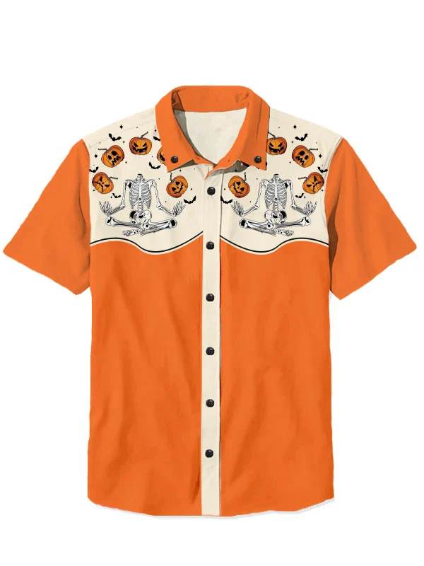 Western Retro Halloween Skull Pumpkin 100% Cotton Short Sleeve Shirt